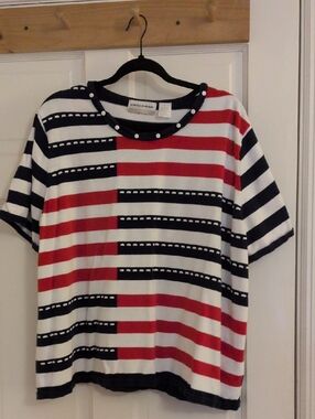 Alfred Dunner Red White Navy Striped Short Sleeve Blouse